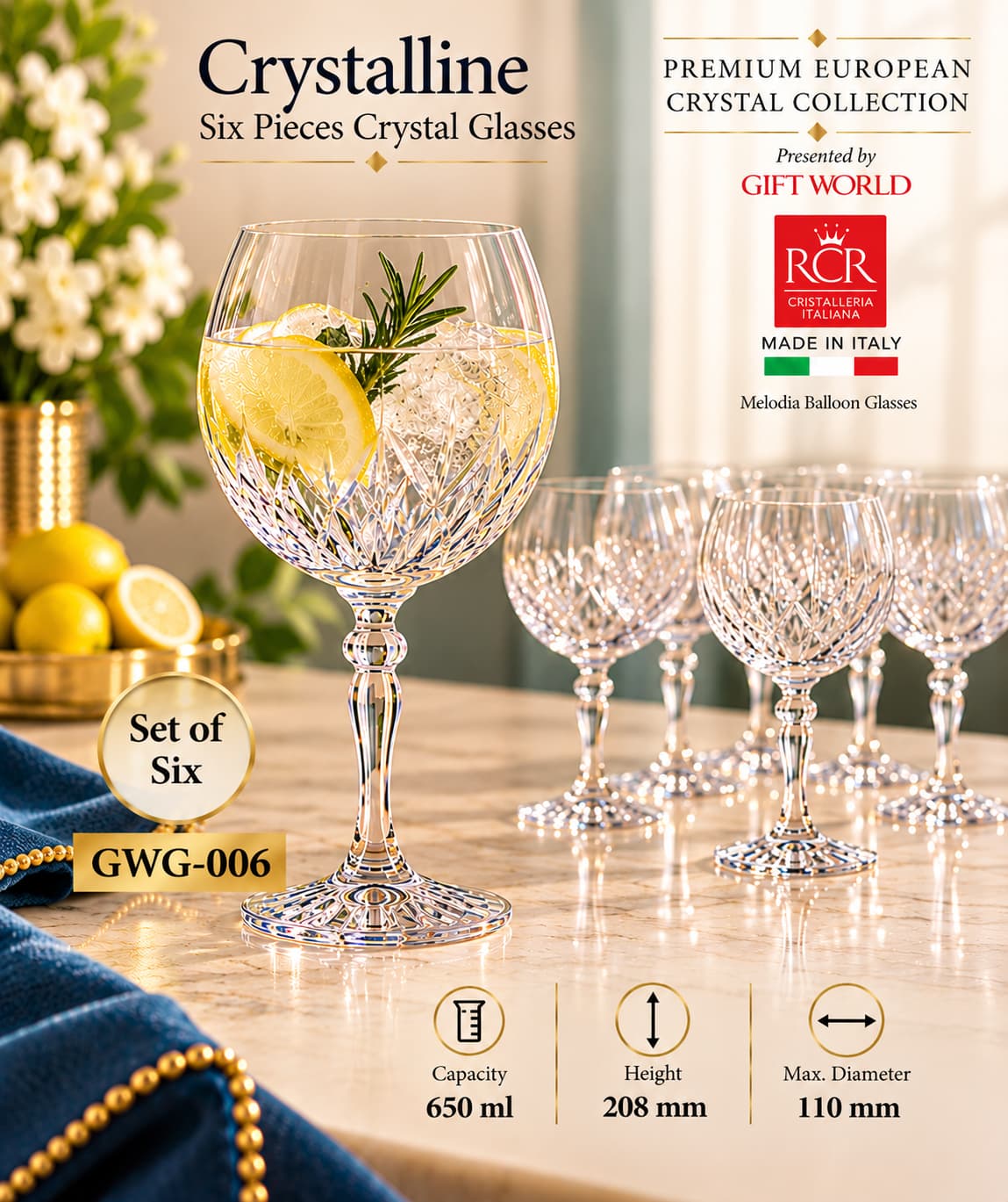 Crystalline set of 6 glasses GWG-006