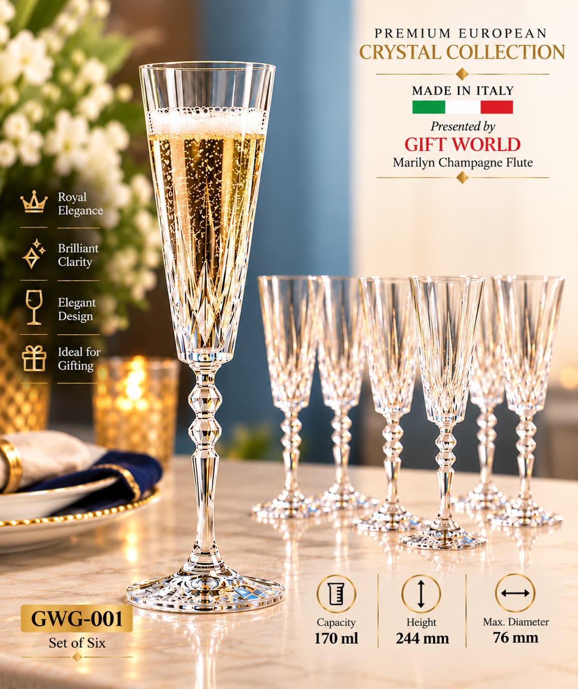 Royal Elegance Premium Crystal Champagne Flutes Set of Six GWG-001